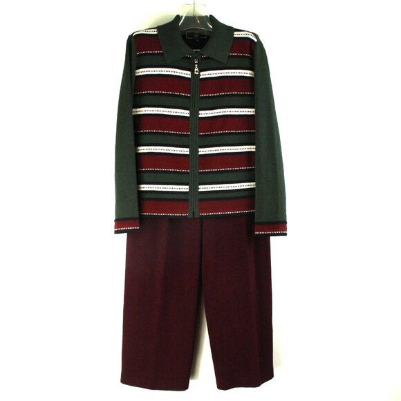 St. John Collection Pants - St. John Collection Santana Knit Green Burgundy Stripe Jacket Pants Suit L 12
